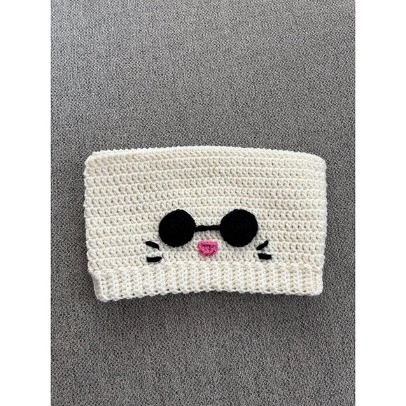 Cream Cat Beanie with black glasses, pink mouth and whisker details - Picture 3 of 9